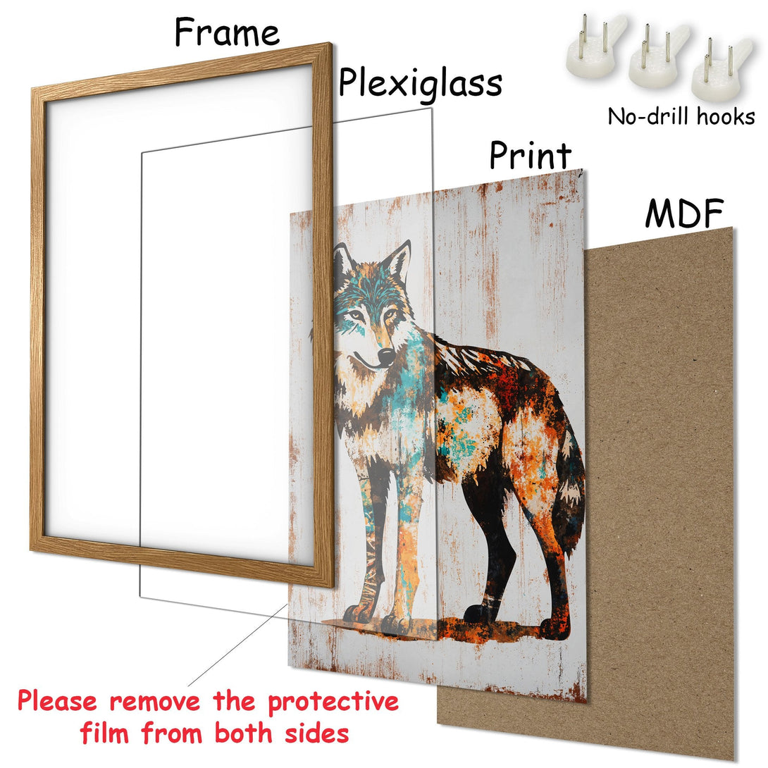 Framed Poster featuring a wolf in a rustic style with a teal, orange, and brown color palette. Perfect wall art!