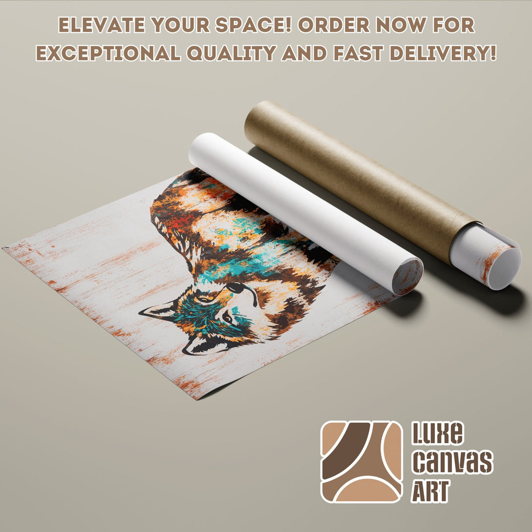 Poster Roll featuring a wolf in a colorful, artistic style. Earthy tones and vibrant blues create a striking piece of art.