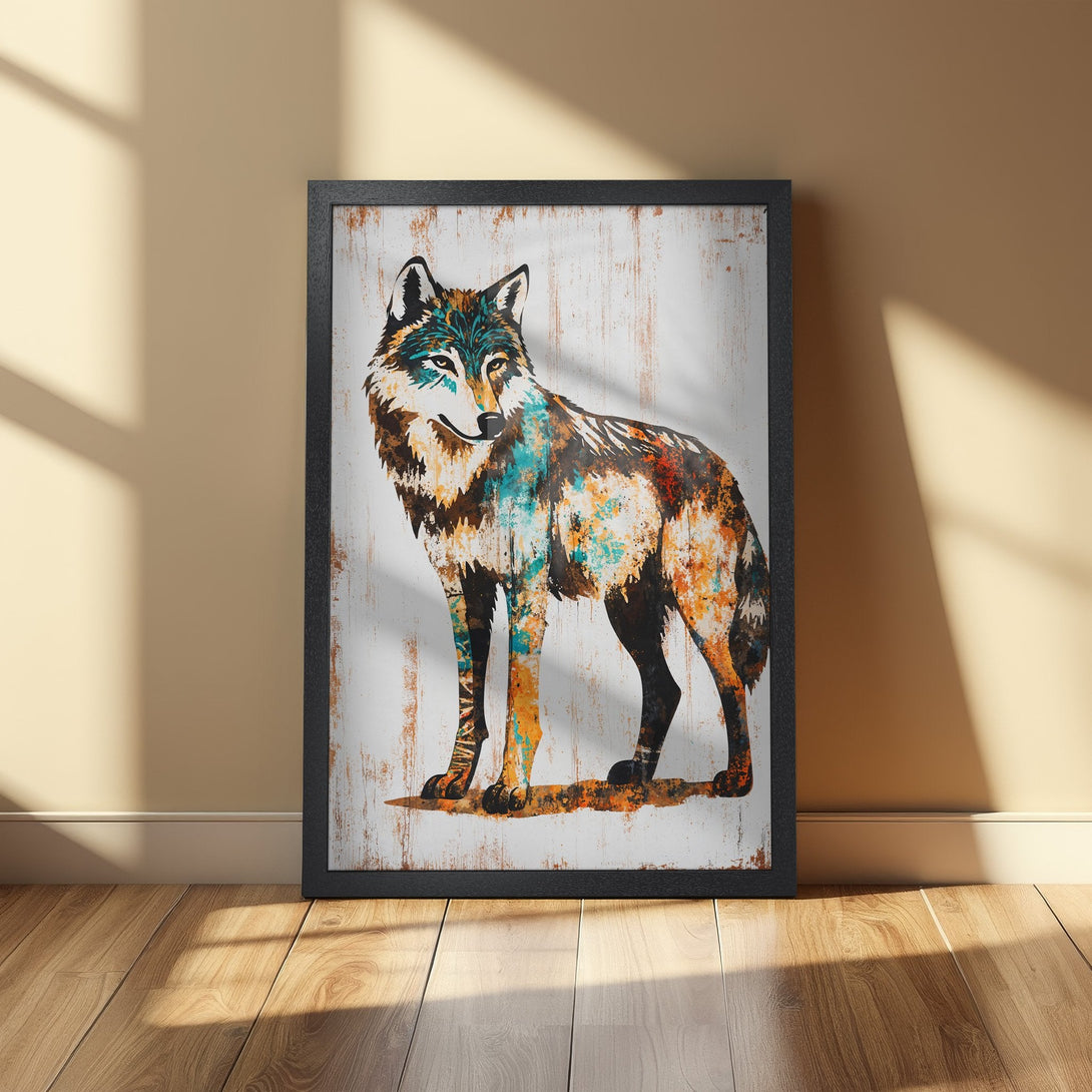 Framed Poster featuring a stylized wolf in vibrant teal, orange, and brown hues. Rustic art style, perfect for home decor.