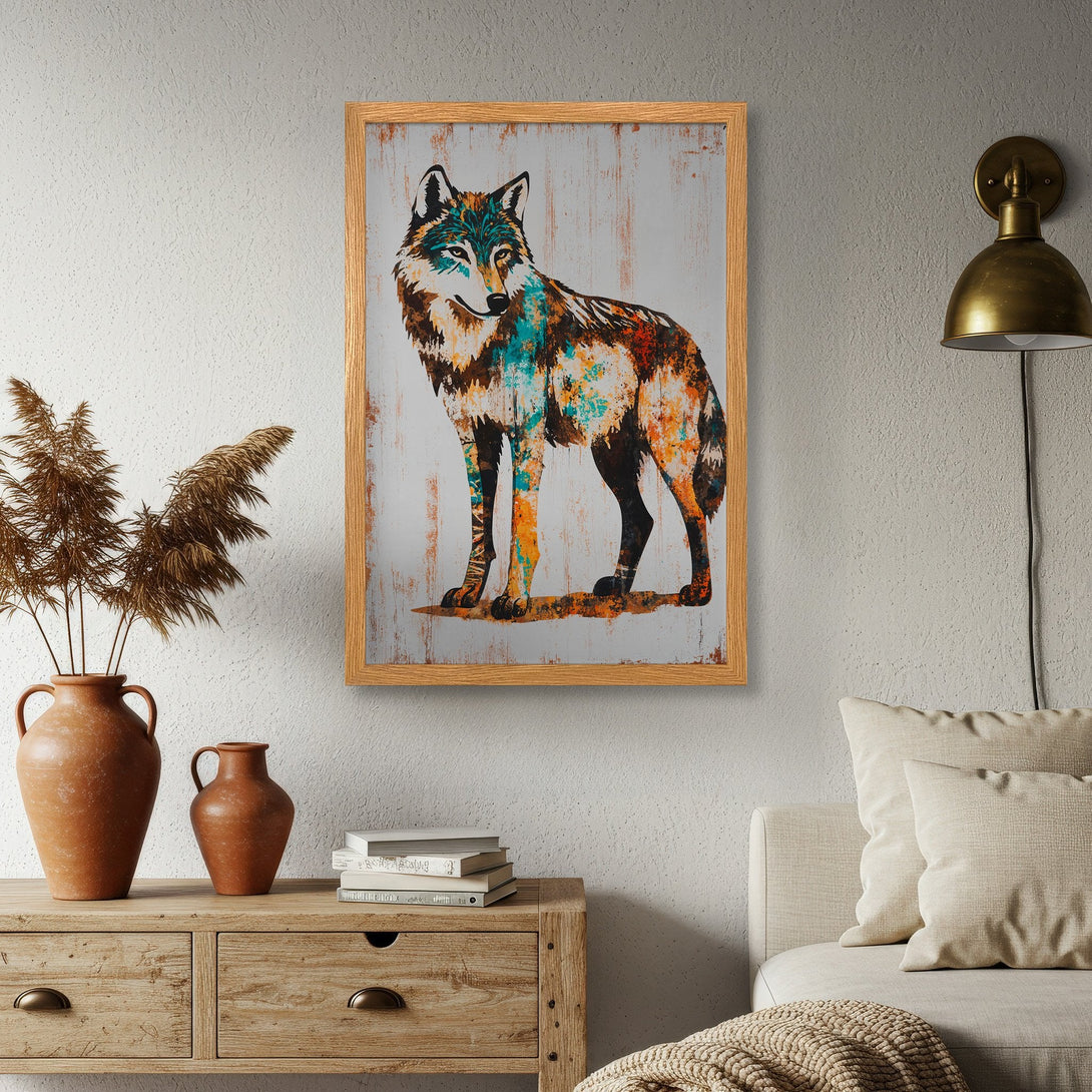 Framed Poster featuring a colorful wolf illustration. Rustic style with a palette of orange, teal, and brown. Perfect wall art for your home!
