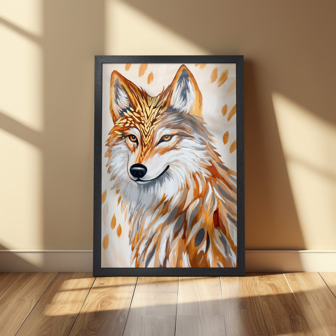 Framed Poster featuring a stylized wolf portrait in warm orange and white tones. Modern art print perfect for home decor.