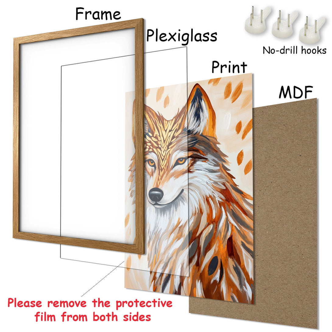 Framed Poster featuring a wolf in warm orange and brown tones. Stylish art print for home decor.