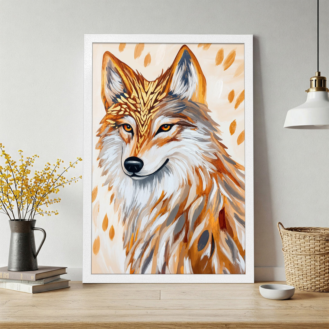 Framed Poster featuring a stylized wolf painting in warm orange, gold, and white tones. Perfect art for your home!
