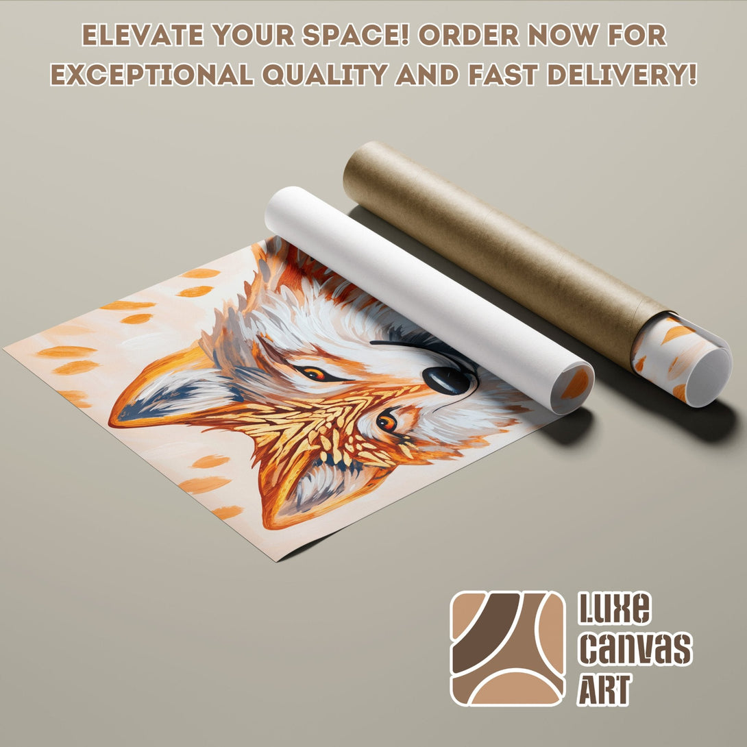 Poster Roll featuring a vibrant fox art print in warm orange and beige tones. Elevate your space with this stunning artwork!