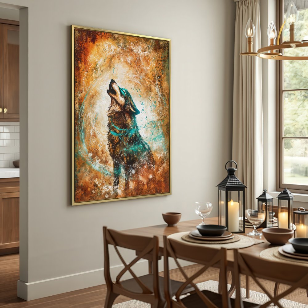 Canvas Print of a howling wolf in a rustic style, featuring a warm earthy color palette. Perfect wall art for your home!