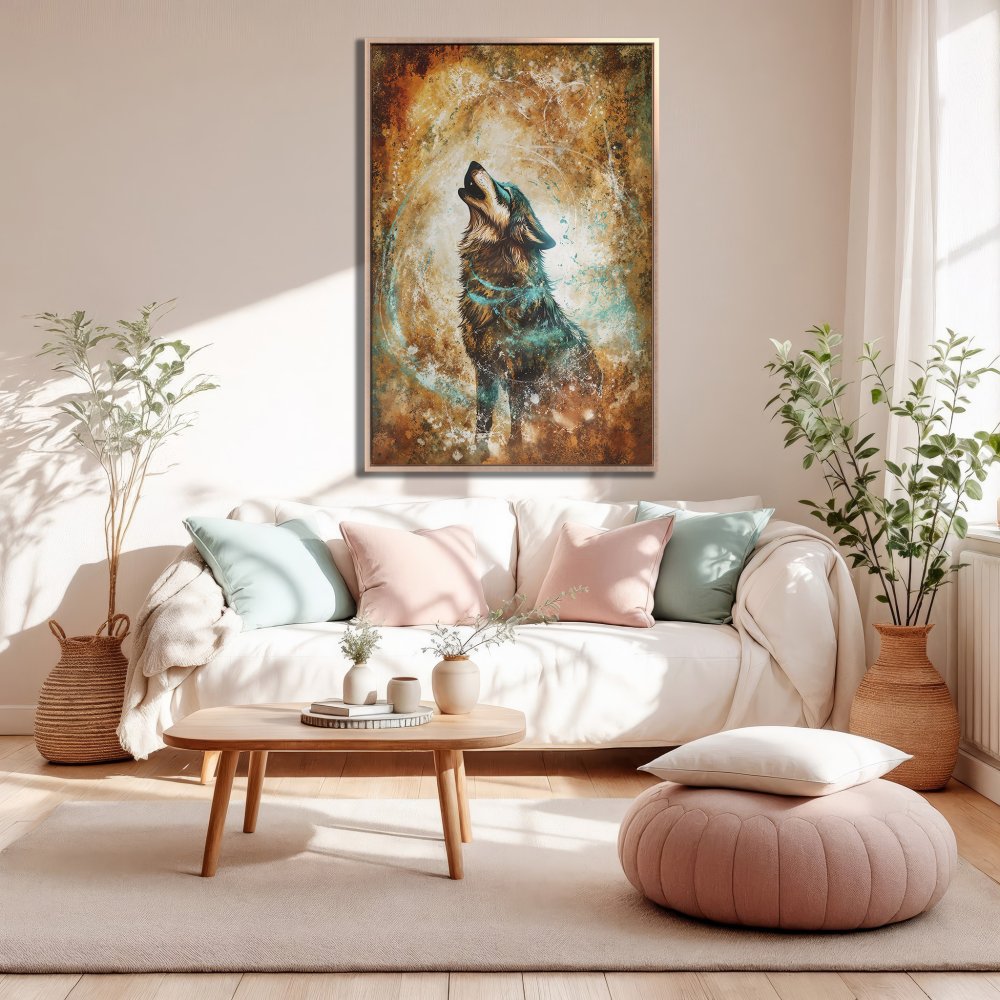 Framed Wall Art: Majestic wolf howling. Abstract style, warm earth tones, and teal accents. Perfect for living room decor.