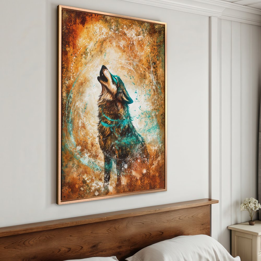 Framed Wall Art: Majestic wolf howling, vibrant watercolor style. Earthy tones with teal accents. Perfect statement piece for your home.