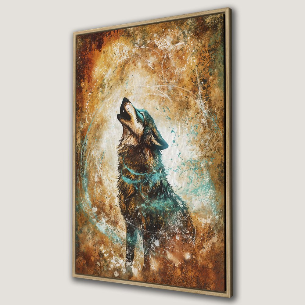 Framed Wall Art: Majestic wolf howling. Stunning abstract art in warm earth tones with teal accents. Perfect for adding a touch of wilderness to your space.
