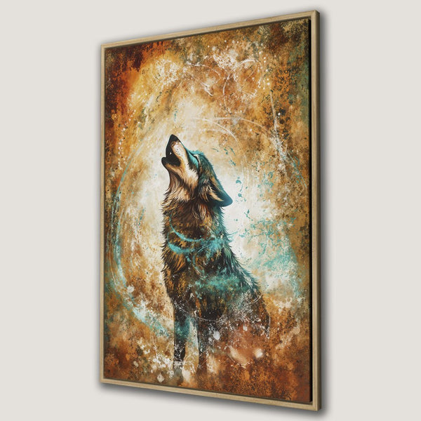 Framed Wall Art: Majestic wolf howling. Stunning abstract art in warm earth tones with teal accents. Perfect for adding a touch of wilderness to your space.