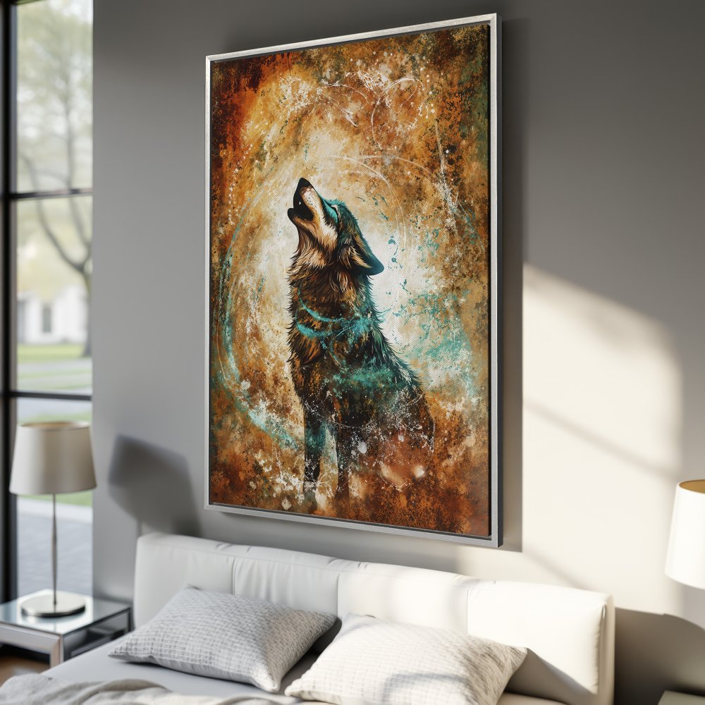 Framed Wall Art: Majestic wolf howling in a vibrant abstract style with teal and earthy tones. Perfect canvas print for your bedroom decor.