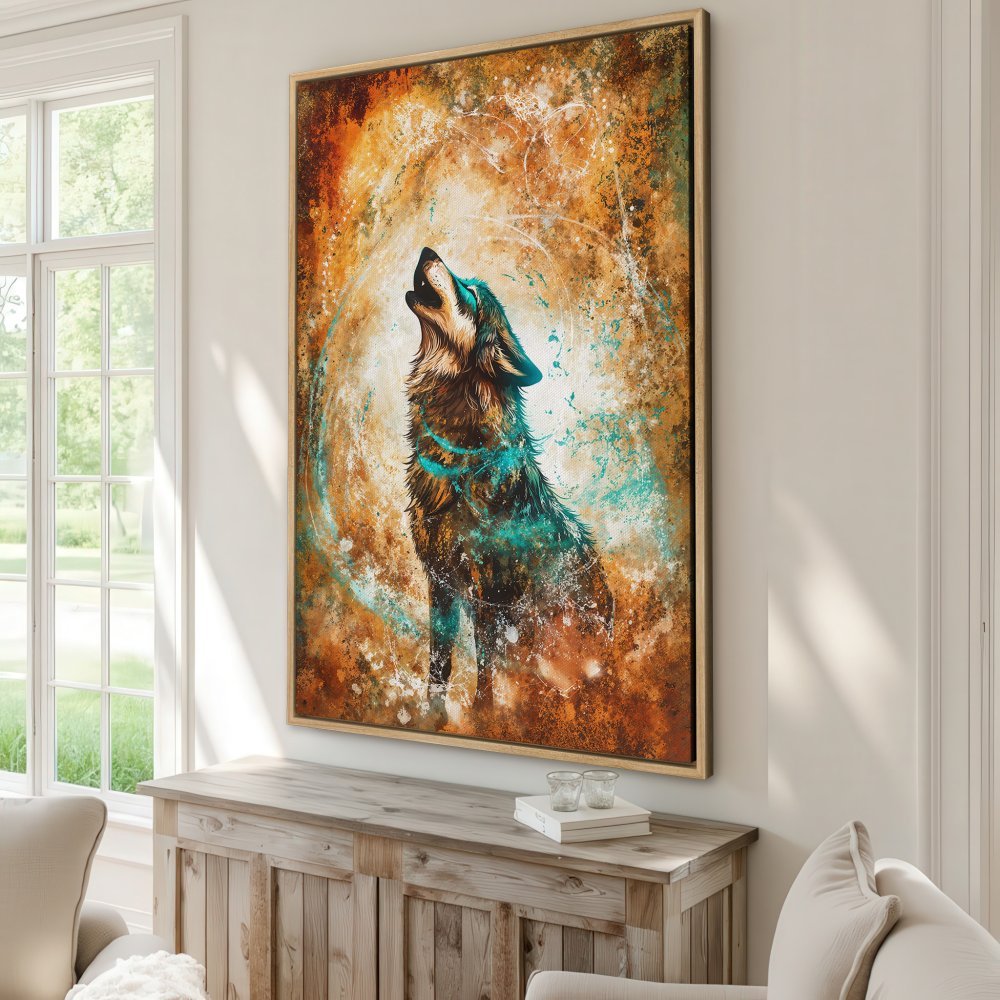Framed Wall Art: Stunning wolf art print in warm earth tones with teal accents. Add a touch of nature and artistry to your home!