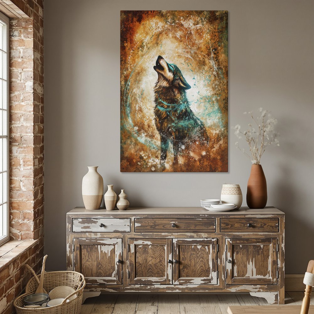 Framed Wall Art: Majestic wolf howling. Abstract style, warm orange & teal color palette. Perfect for dining room decor. Shop now!