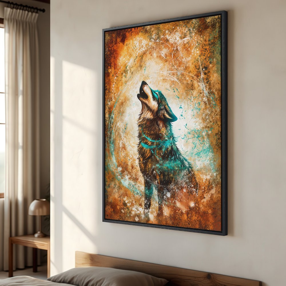 Framed Wall Art: Majestic wolf howling in vibrant teal and orange abstract style. Perfect statement piece for your home decor.