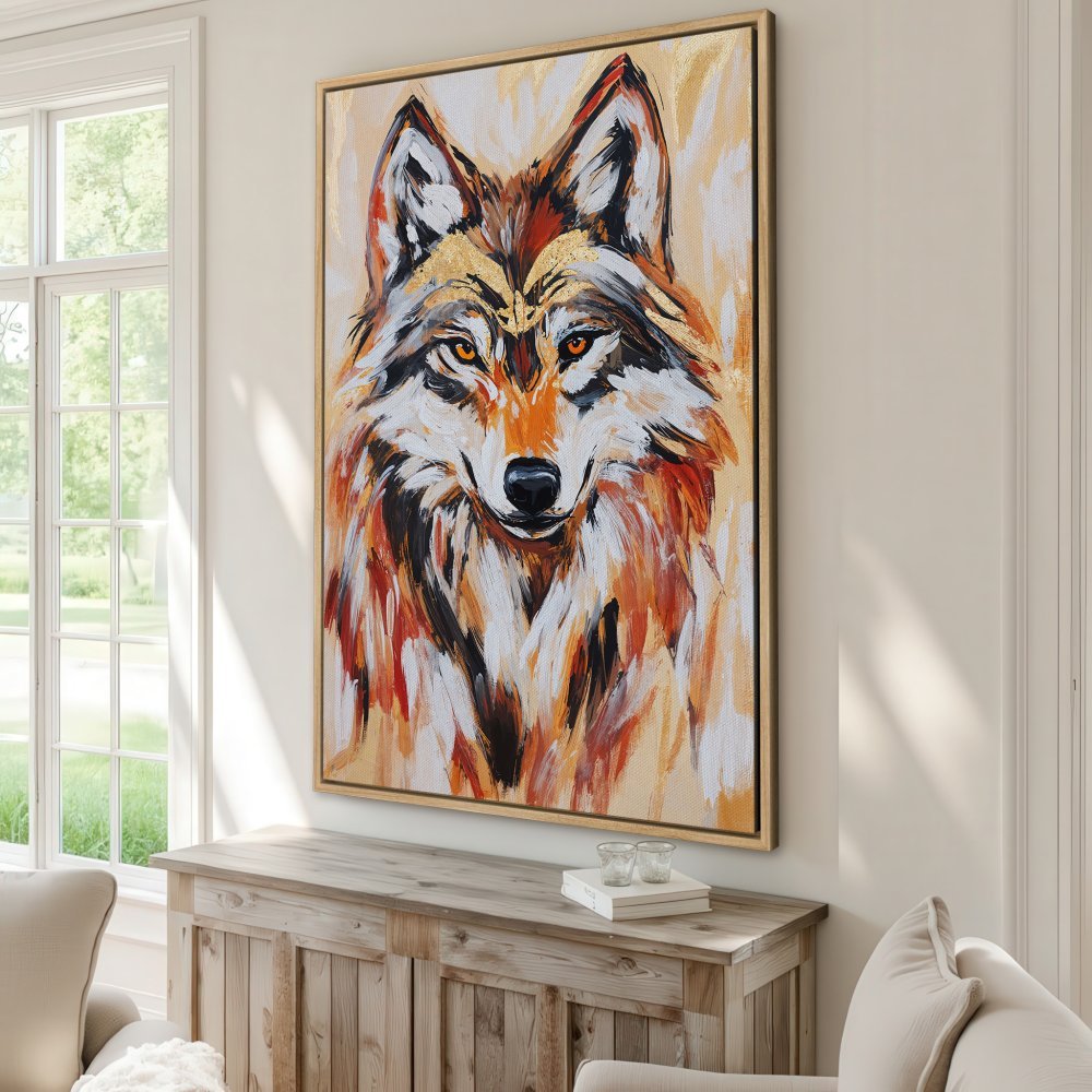 Framed Wall Art: Fierce wolf portrait in warm orange and gold tones, adding a touch of wild elegance to any space. Shop now!
