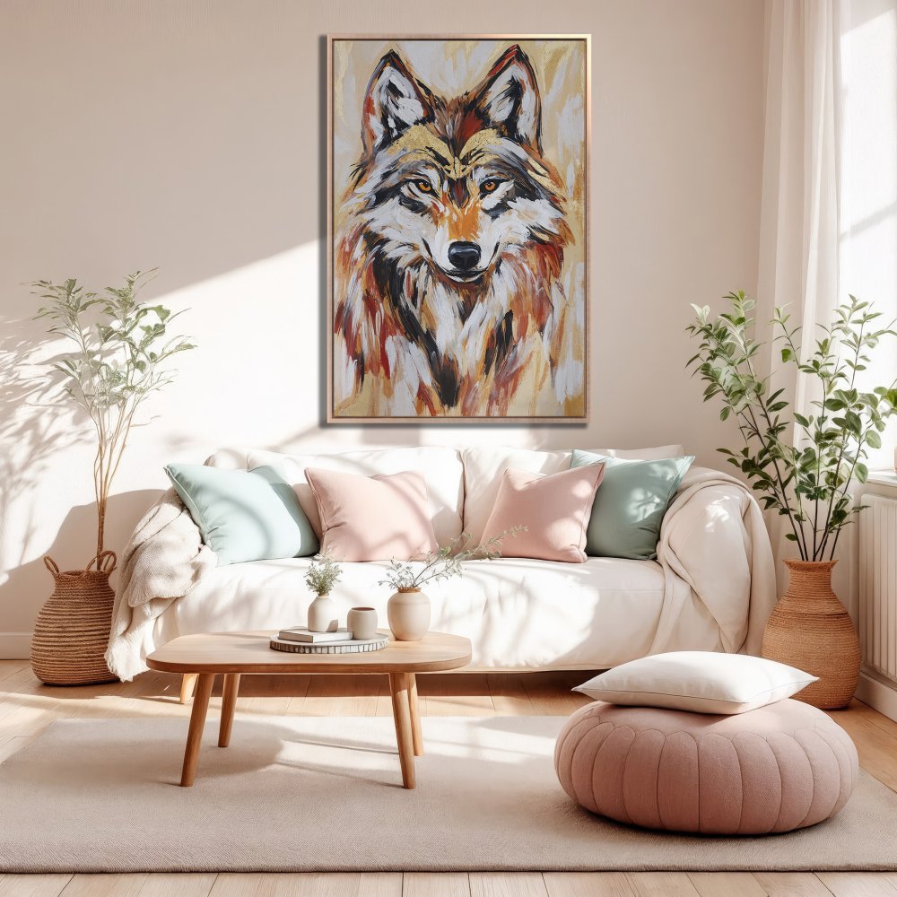 Framed Wall Art: Majestic wolf portrait canvas print in warm earth tones. Elevate your space with this stunning, expressive artwork!