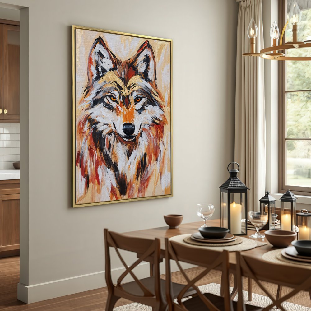 Canvas Print of a majestic wolf in warm, earthy tones. Abstract style wall art for a rustic interior.