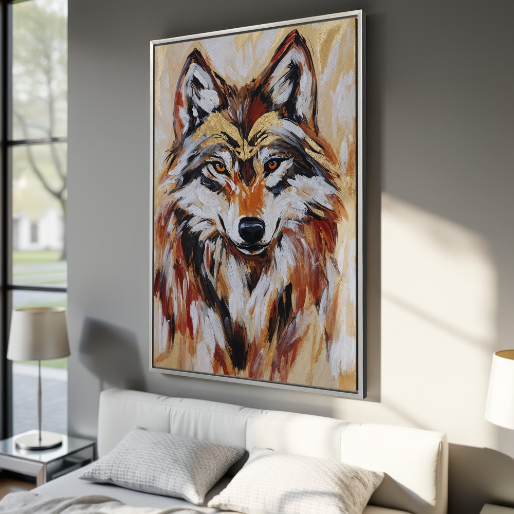 Framed Wall Art: Majestic wolf portrait canvas print in warm earth tones. Add a touch of wild elegance to your space!