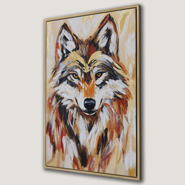 Framed Wall Art: Majestic wolf portrait in warm earth tones. Add a touch of wild elegance to your home with this stunning canvas print!