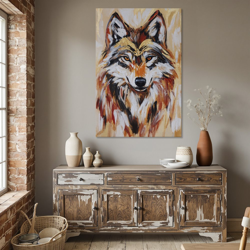 Framed Wall Art: Bold wolf portrait in warm orange, white, and black tones. Modern abstract style. Perfect for living rooms and dining areas.
