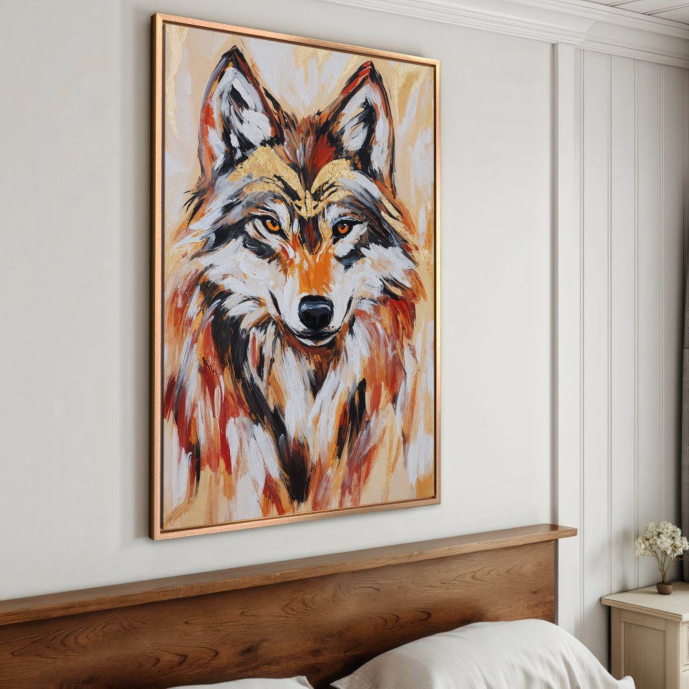 Framed Wall Art: Majestic wolf portrait in warm orange, black, and gold tones. Modern, expressive style. Perfect for any interior.