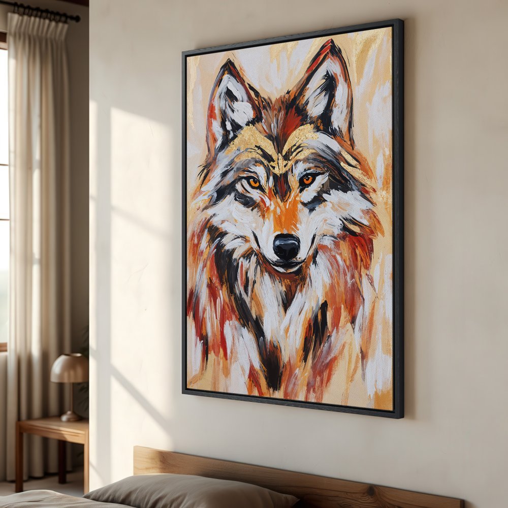 Framed Wall Art: Abstract wolf portrait in warm orange and gold tones. Modern Canvas Print for living room or bedroom decor.