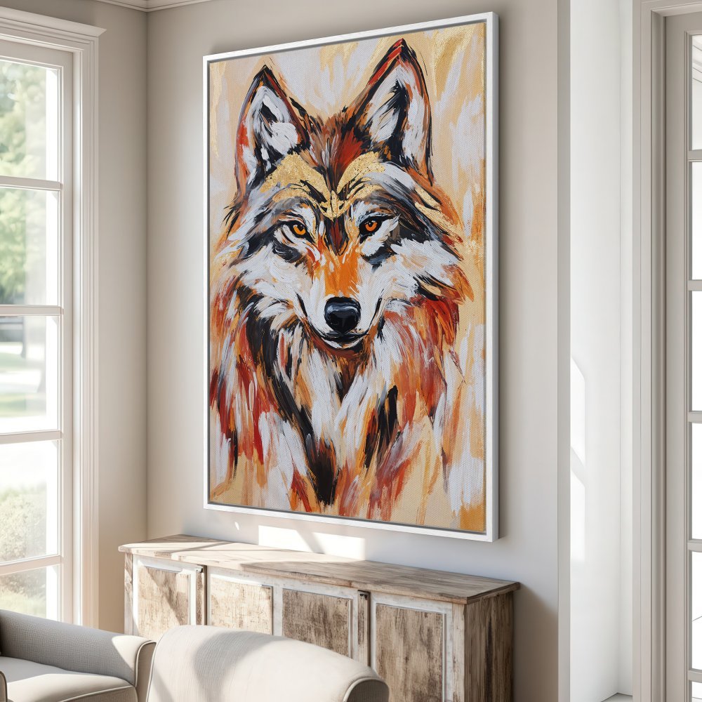 Framed Wall Art: Majestic wolf portrait in warm orange, gold, and white tones. Modern abstract style Canvas Print for living room decor.