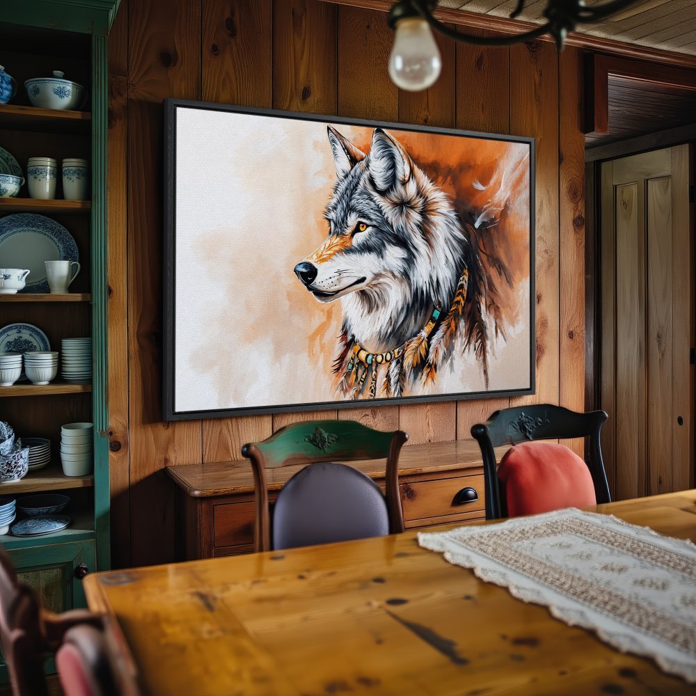 Framed Wall Art: Majestic wolf portrait in warm earth tones. Rustic decor inspiration for your home.