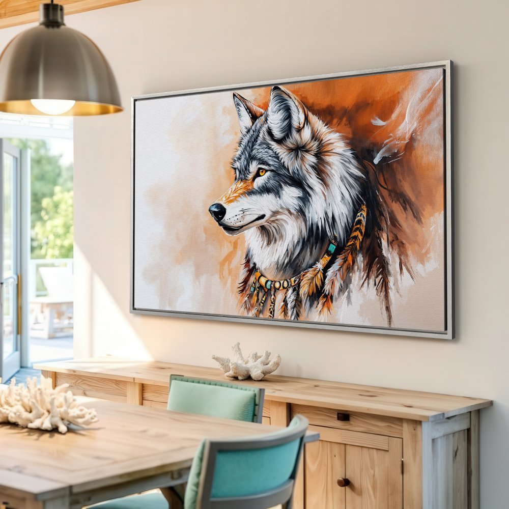 Framed Wall Art: Majestic wolf portrait in warm orange & neutral tones. Add a touch of wilderness to your home with this stunning canvas print!