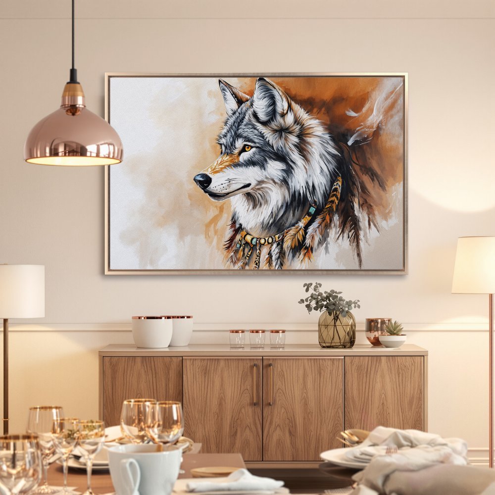 Framed Wall Art: Majestic wolf portrait Canvas Print in earthy tones. Add a touch of nature and style to your home decor.