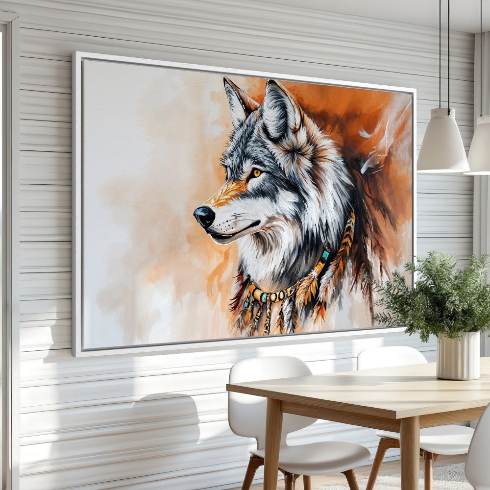 Framed Wall Art: Majestic wolf portrait in warm, earthy tones. Enhance your home with this stunning canvas print!