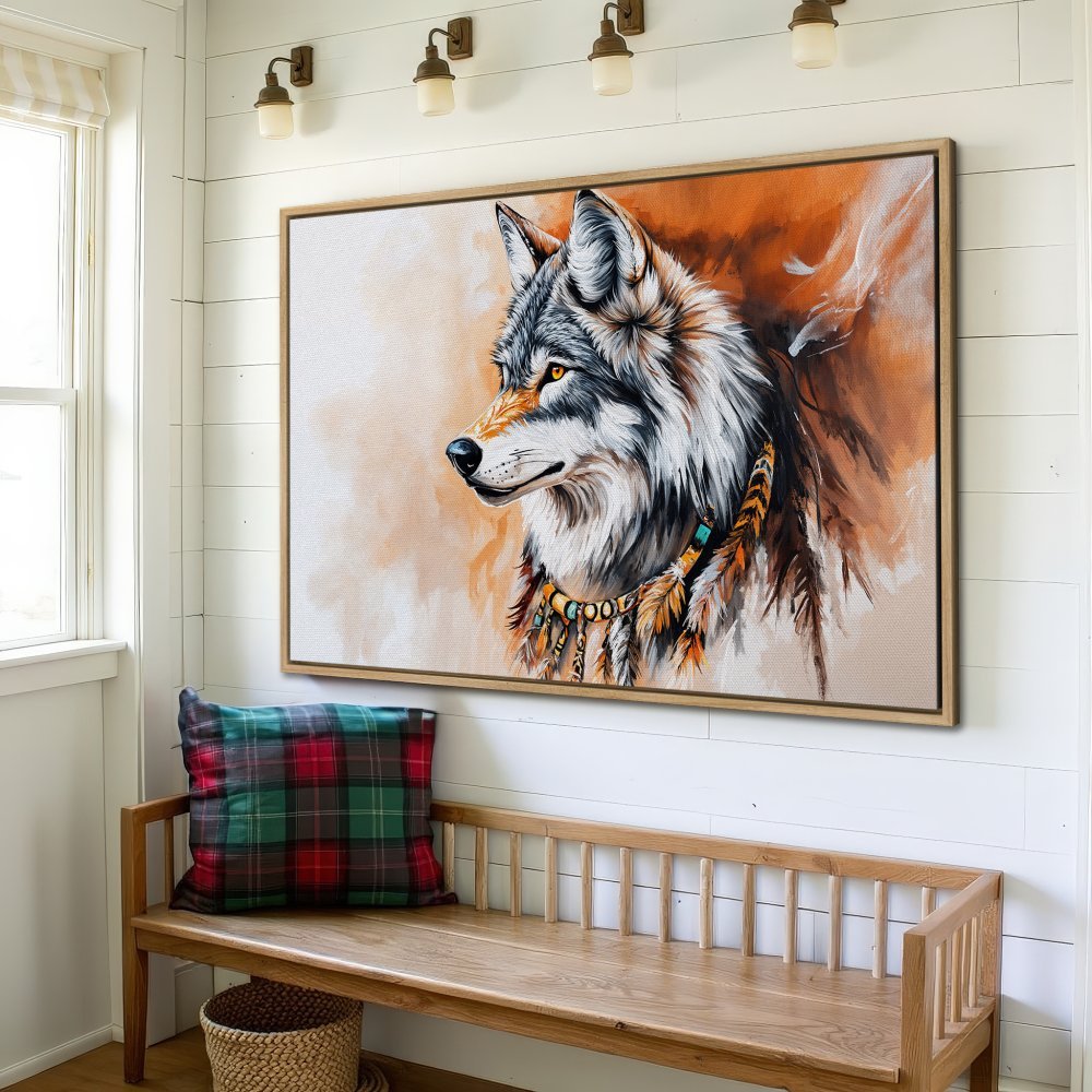 Framed Wall Art: Majestic wolf portrait in earthy tones. Add a touch of wilderness to your home with this stunning canvas print.