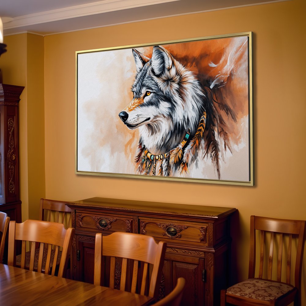 Canvas Print of a majestic wolf in a Native American style, featuring warm earth tones and a neutral palette. Perfect wall art!