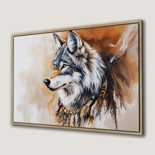 Canvas Print of a majestic wolf in a Native American style, featuring warm earth tones and a detailed feather necklace. Perfect wall art!