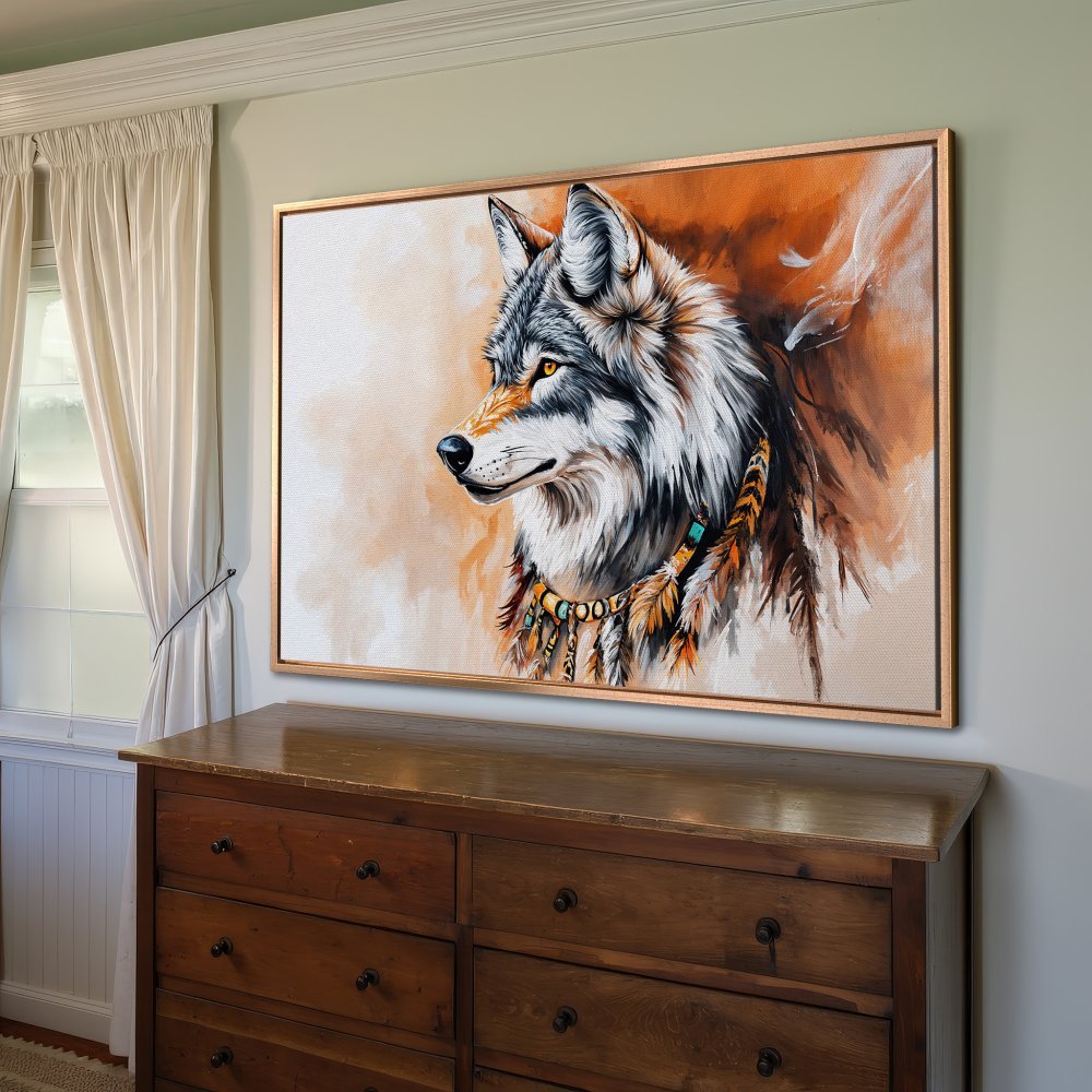 Framed Wall Art: Majestic wolf portrait in warm orange and earth tones. Add a touch of wilderness with this stunning Canvas Print!