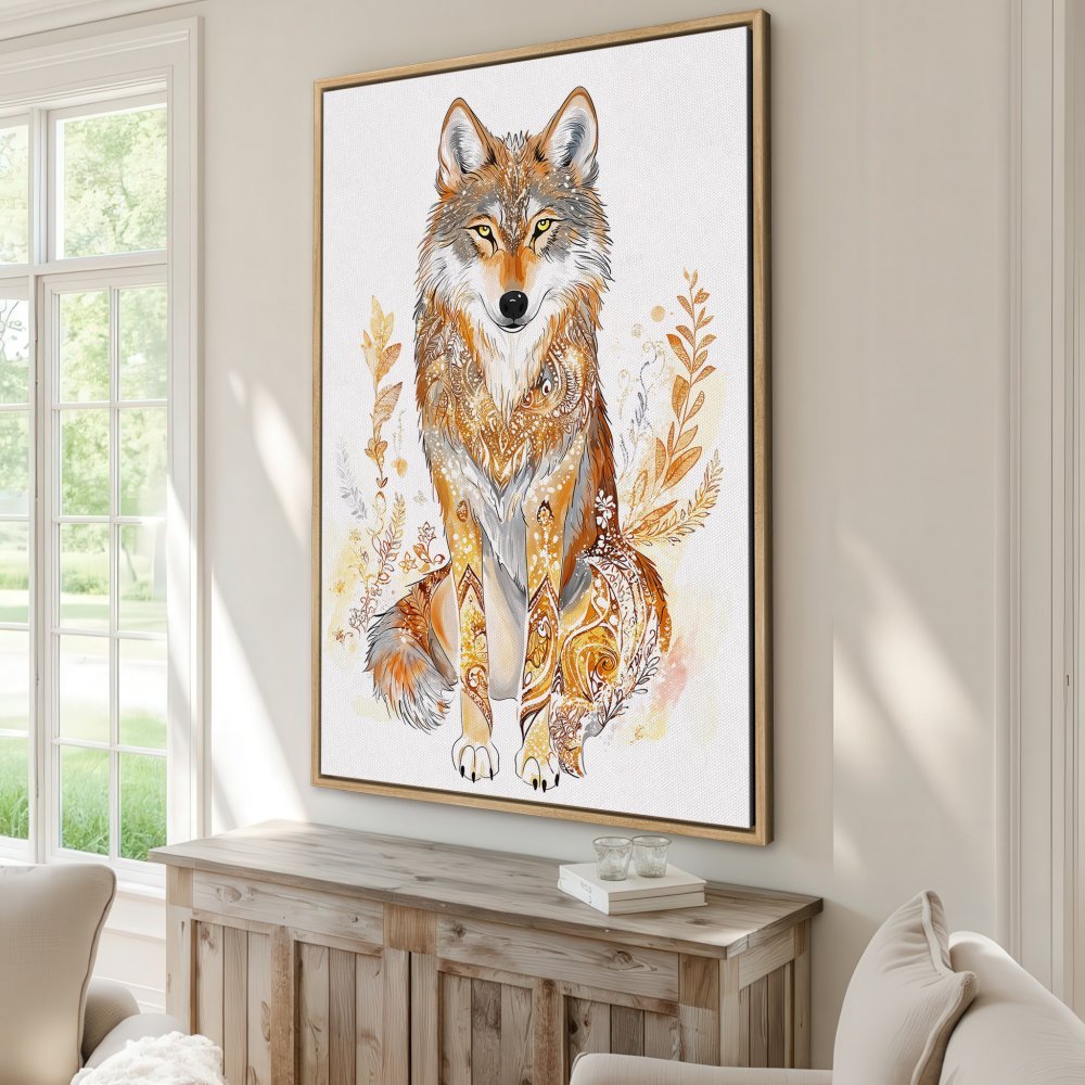 Framed Wall Art: Intricate wolf illustration in warm orange & gold tones. Boho style Canvas Print perfect for any room!