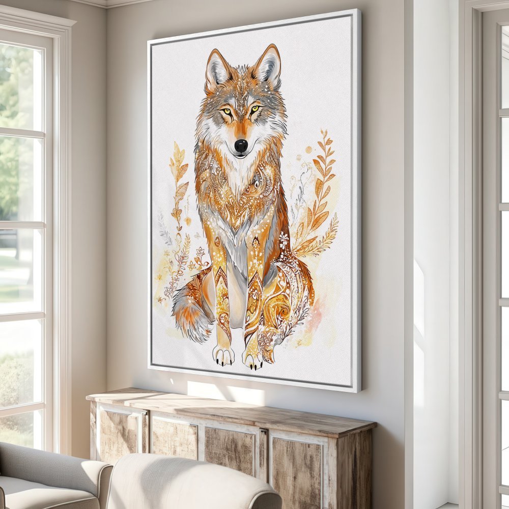 Canvas Print of a majestic wolf in a boho style, featuring warm orange and brown tones for a cozy interior.