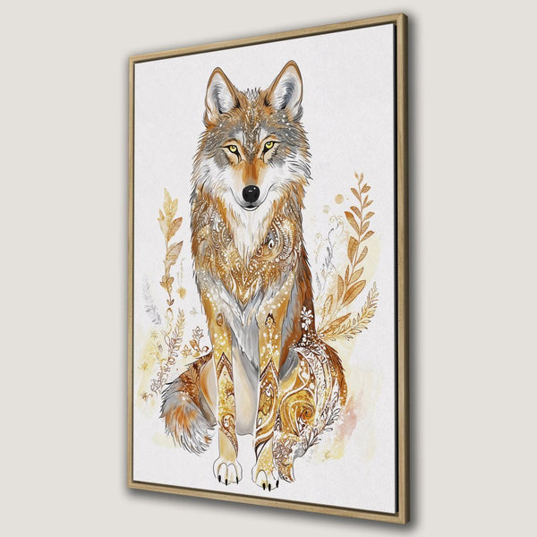 Framed Wall Art: Intricate wolf illustration in warm earth tones. Perfect for adding a touch of nature and bohemian style to your home decor.