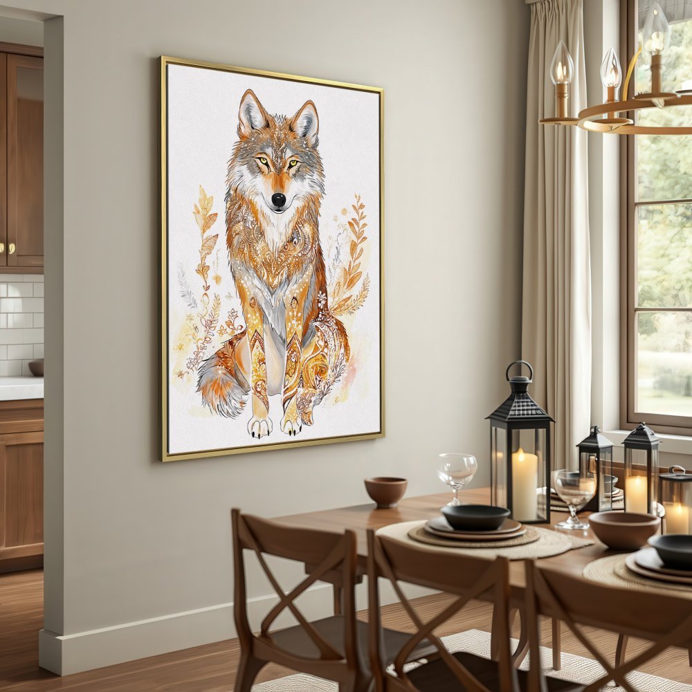 Canvas Print featuring a majestic wolf in watercolor style, warm earth tones, perfect for rustic home decor.