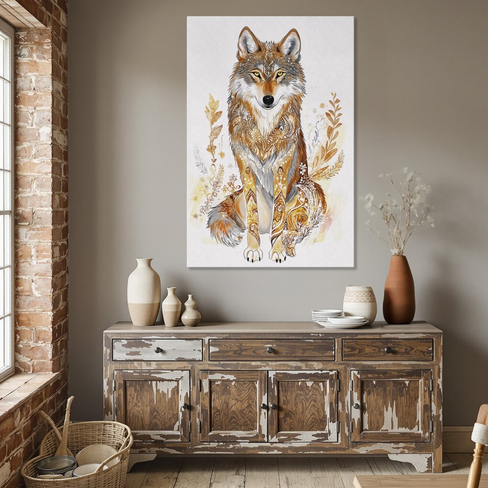 Framed Wall Art: Watercolor wolf print in warm orange & gold tones. Perfect for boho decor.