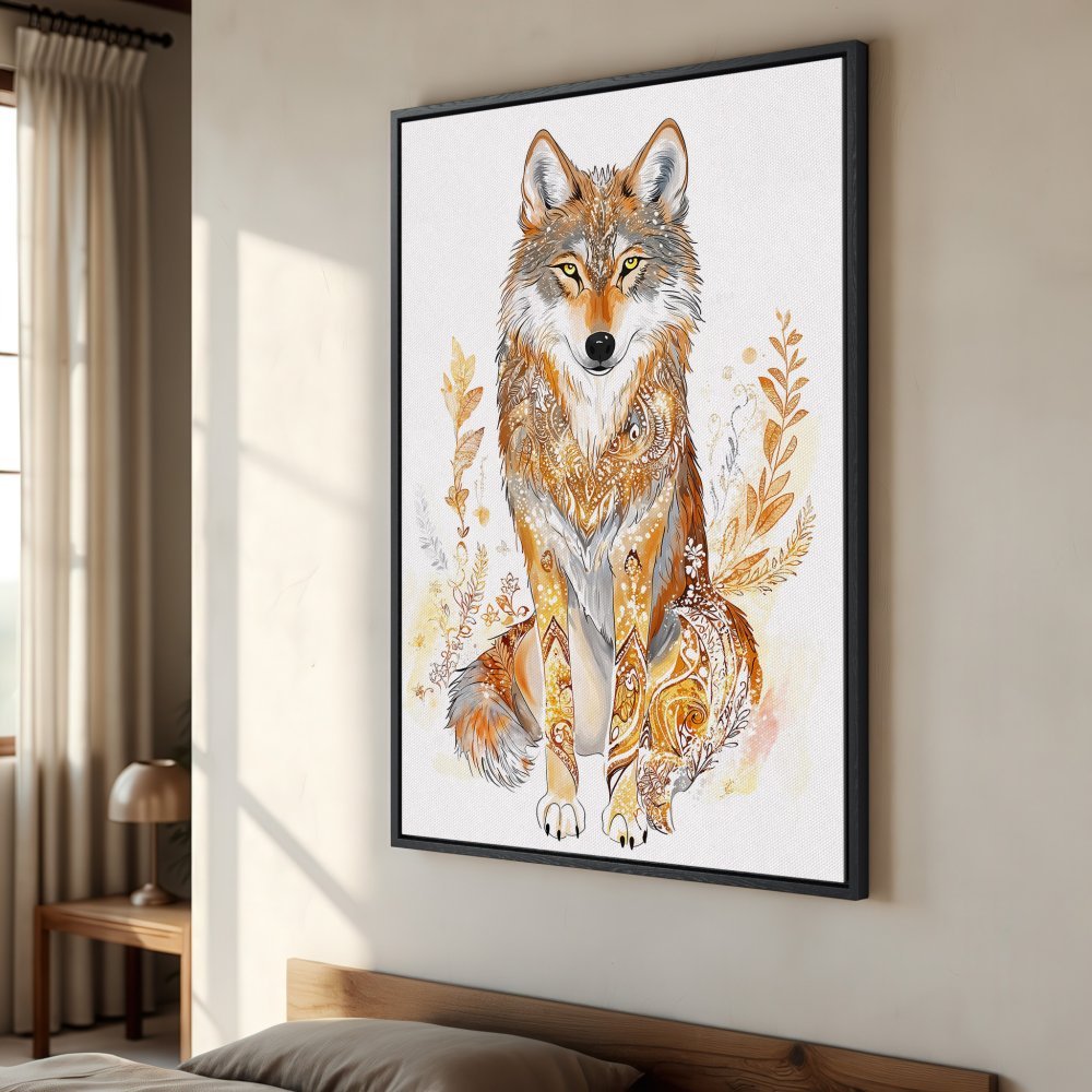 Framed Wall Art: Intricate wolf illustration in warm orange and gold tones. Perfect for adding a touch of nature-inspired art to your home.