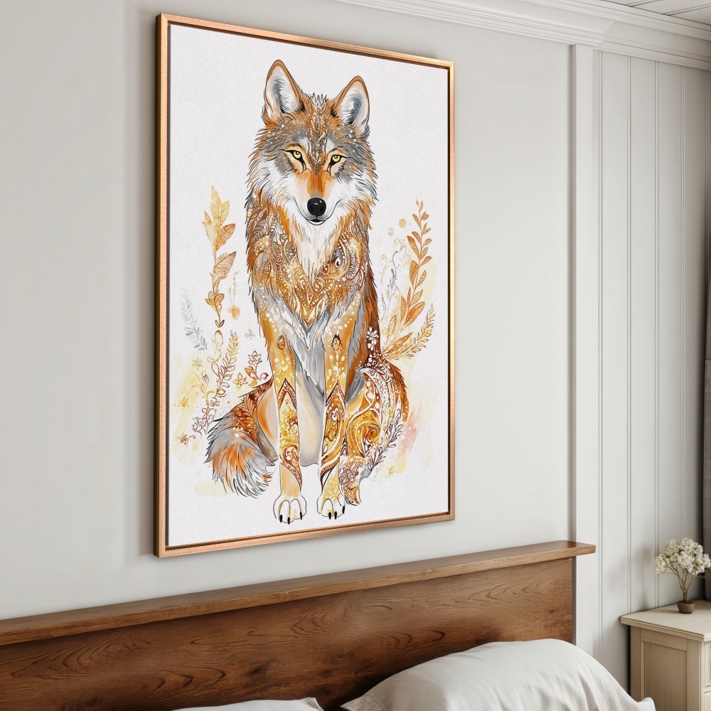 Framed Wall Art: Watercolor wolf print in warm gold and orange tones. Perfect for adding a touch of nature and style to your home decor.