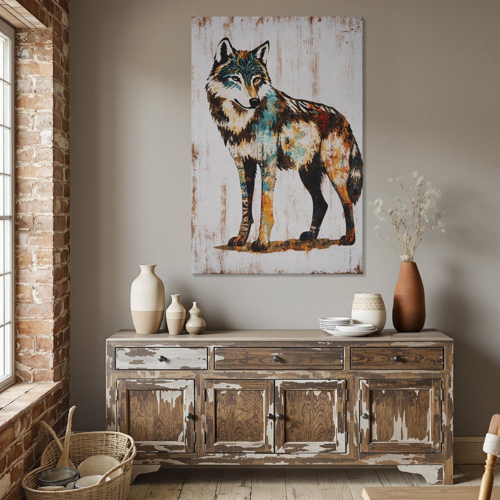 Framed Wall Art: Majestic wolf canvas print with a rustic, colorful design. Perfect for adding a touch of nature and style to your home decor.