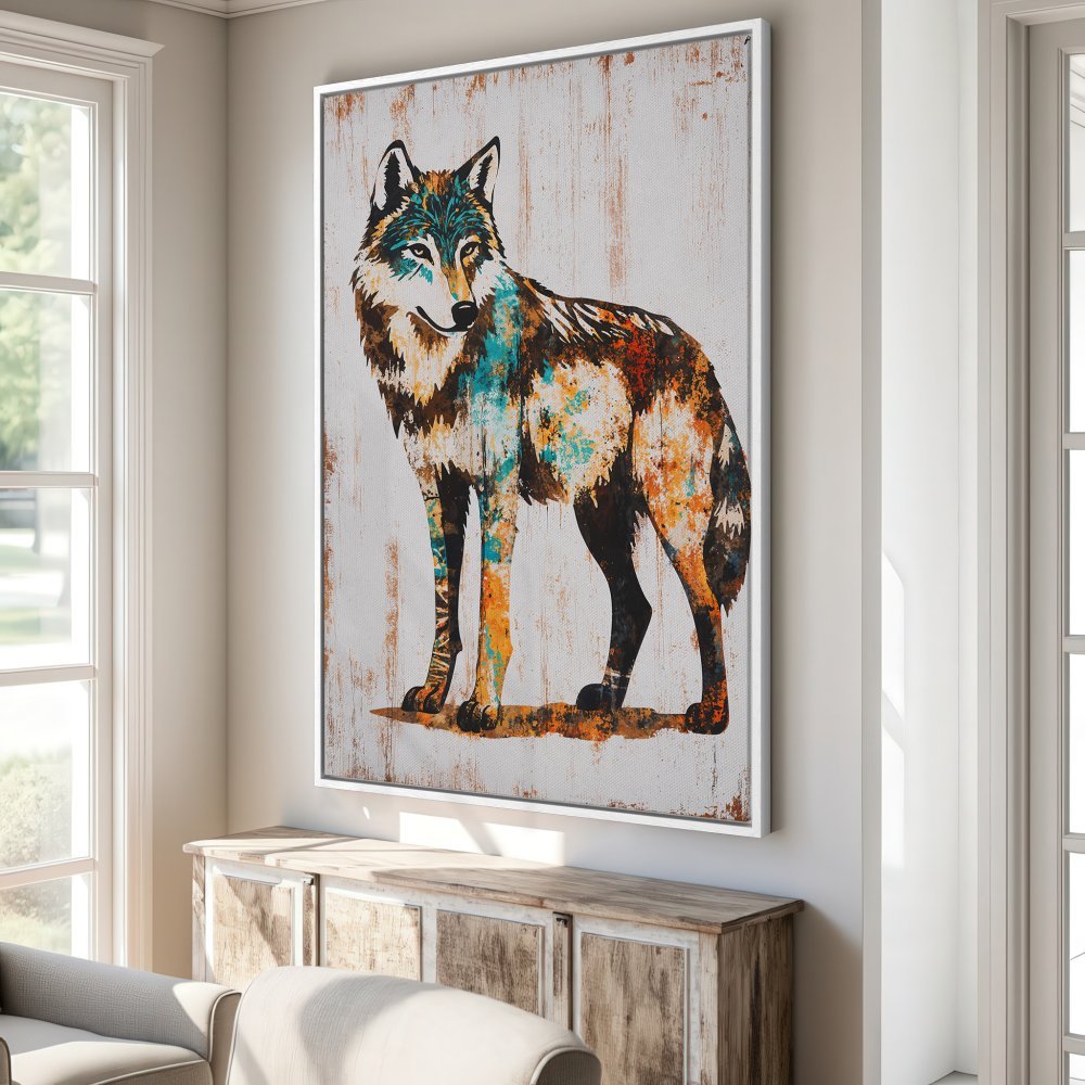Framed Wall Art: Colorful wolf canvas print in a rustic style, featuring a palette of teal, orange, and brown. Perfect for modern home decor.