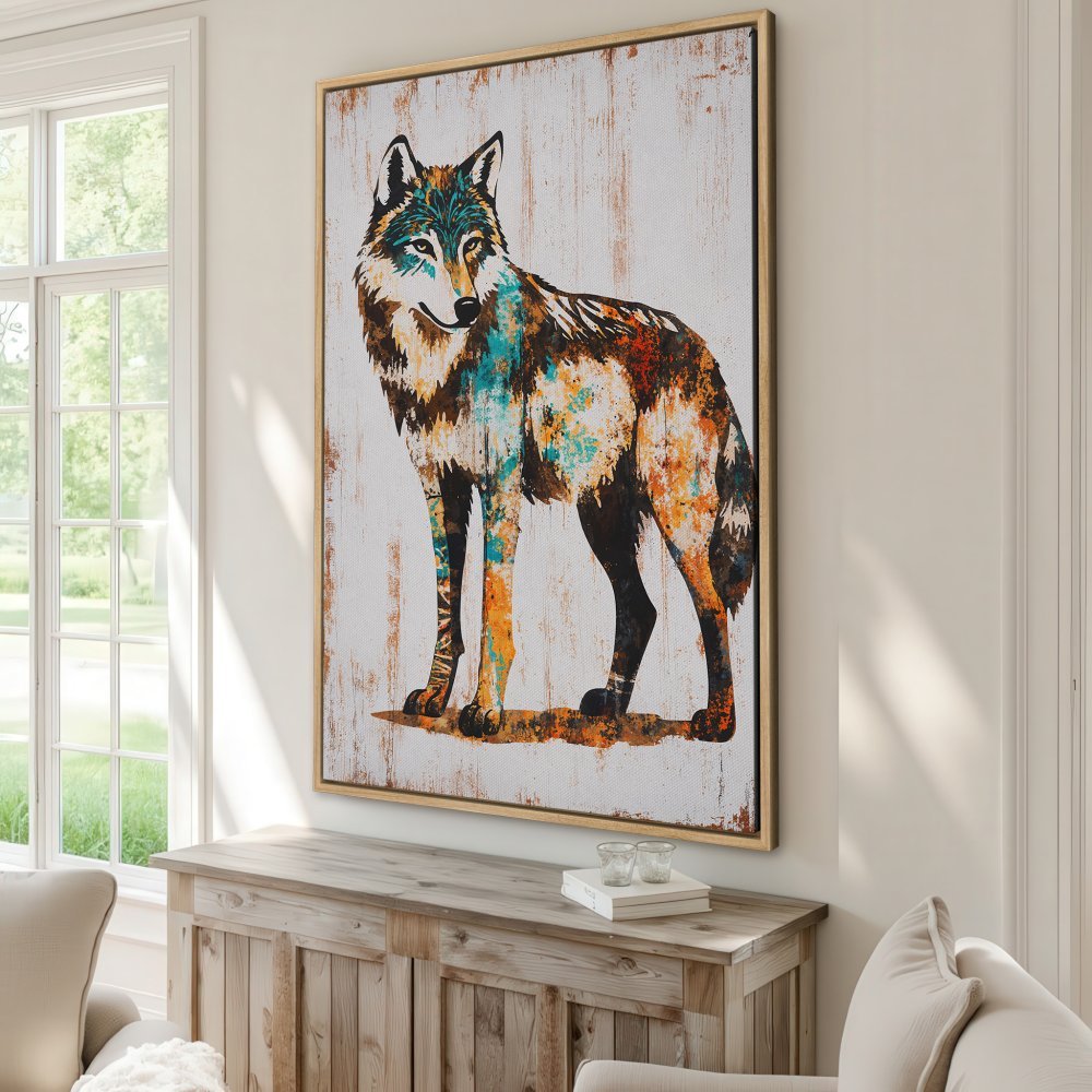 Framed Wall Art: Abstract wolf canvas print with vibrant teal, orange, and brown colors. Rustic style art for your home decor.