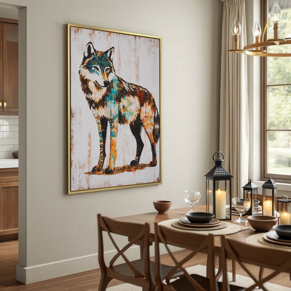 Canvas Print: Colorful wolf art in rustic style. Earthy tones and vibrant accents for your wall decor.