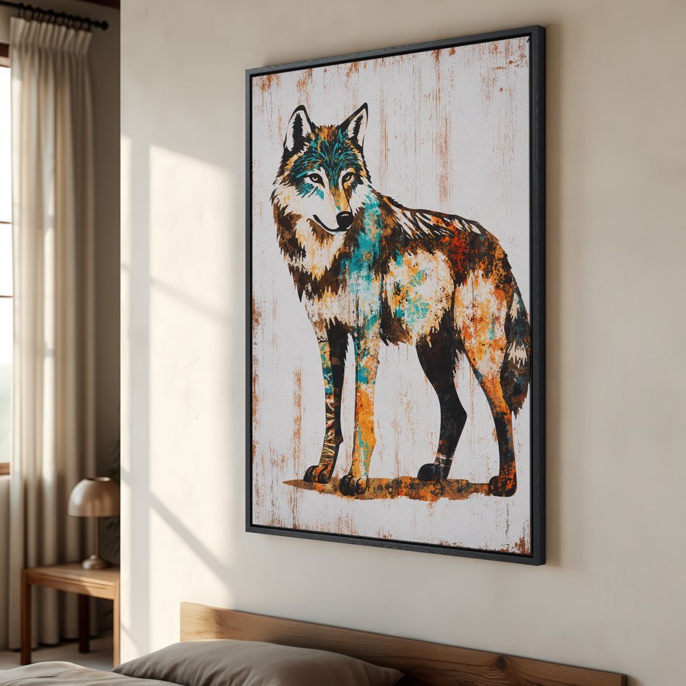 Framed Wall Art: Colorful wolf canvas print in a modern style. Features a striking palette of turquoise, orange, and brown. Perfect for any room!