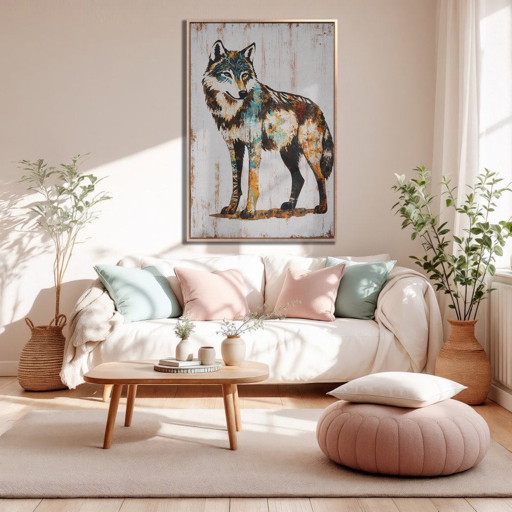 Framed Wall Art: Wolf Canvas Print in neutral tones. Rustic style artwork with brown, blue, and orange accents, perfect for living room decor.
