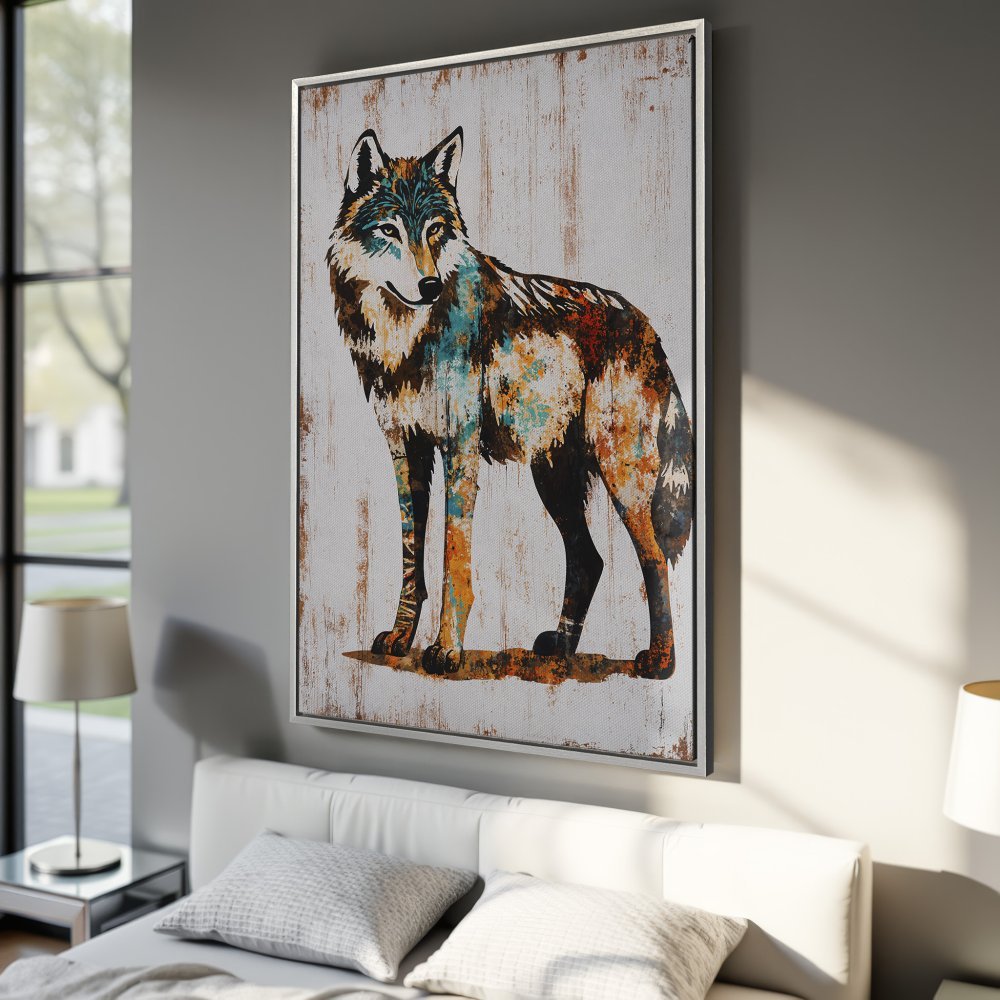 Framed Wall Art: Majestic wolf canvas print. Rustic style, earthy color palette. Perfect for modern home decor.