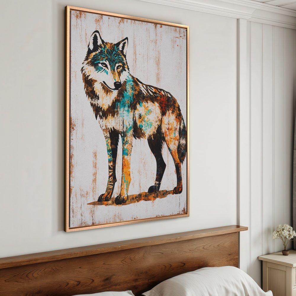 Framed Wall Art: Colorful wolf canvas print with rustic style, featuring teal, orange, and brown hues. Perfect for modern home decor.