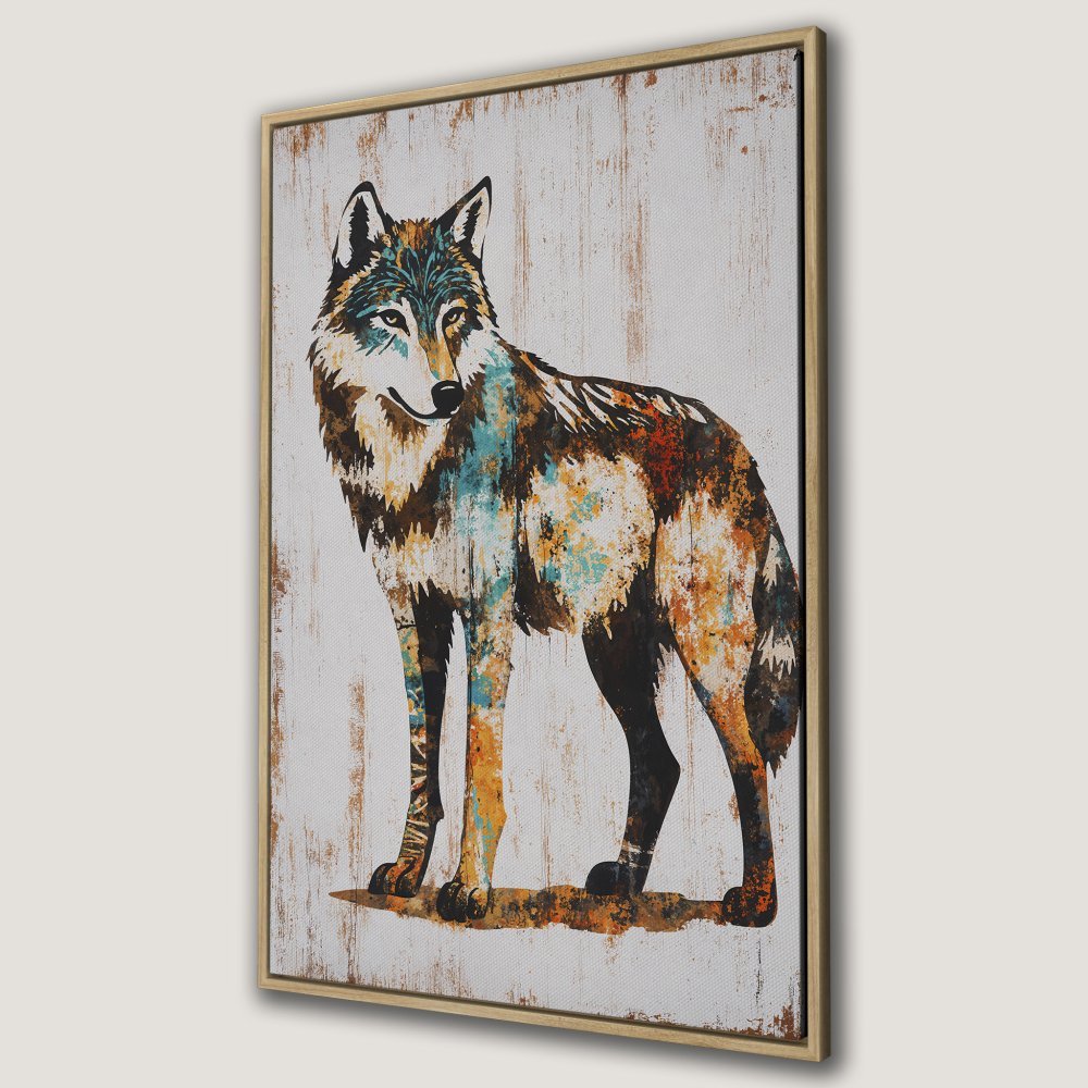 Framed Wall Art: Majestic wolf canvas print with vibrant teal, orange, and brown hues. Rustic style, perfect for adding a touch of nature to your home decor.